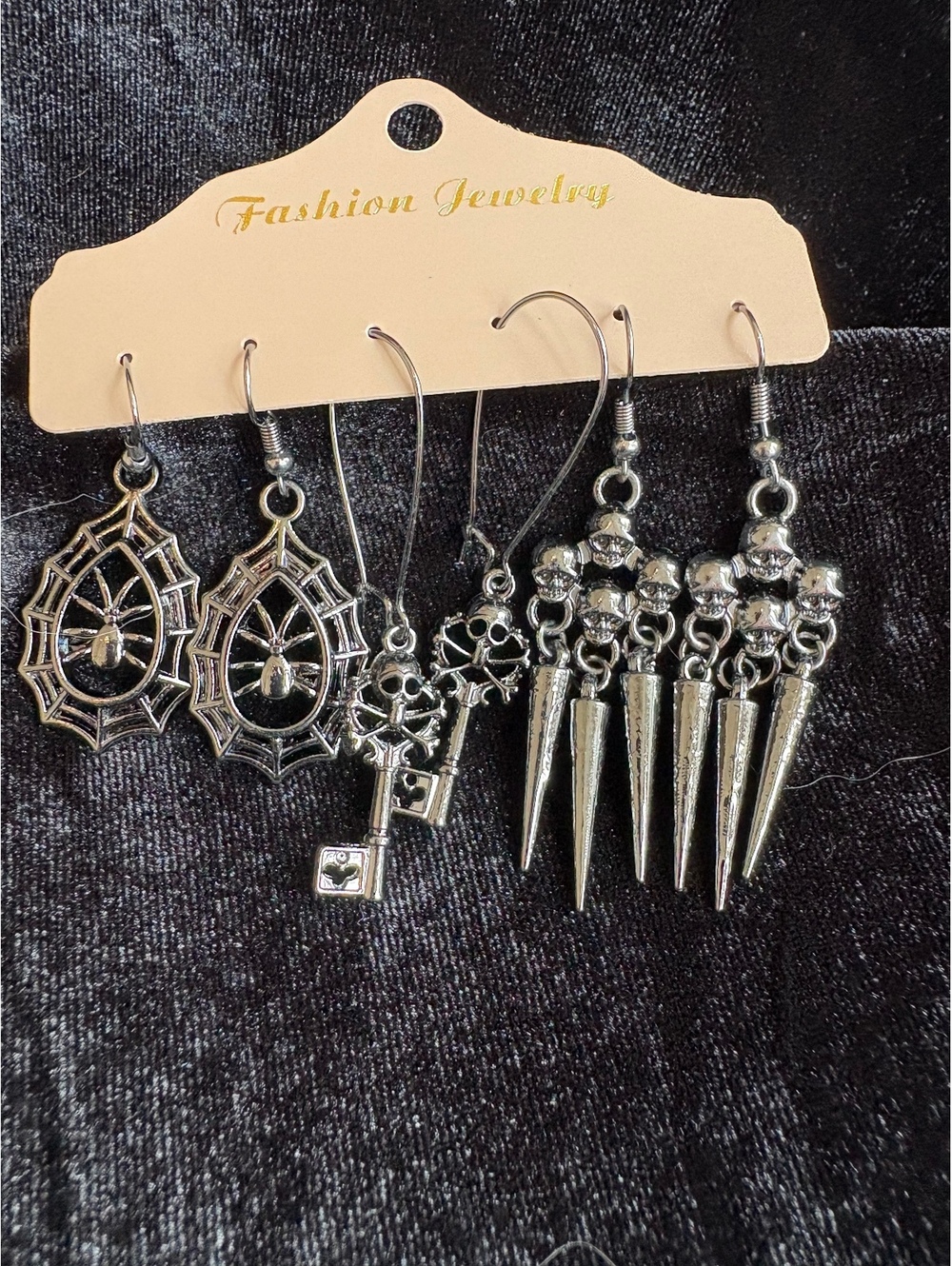 Set of 3 Pairs of Silver-Tone Halloween Themed Earrings with Spider, Skeleton, &